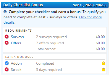 daily checklist bonus